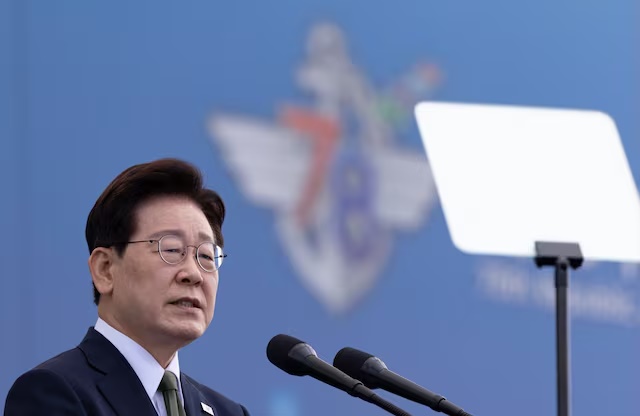 South Korean President Lee Jae Myung delivers a speech during the 78th Armed Forces Day at a military base in Gyeryong-City, South Korea, 01 October 2026. JEON HEON-KYUN/Pool via REUTERS