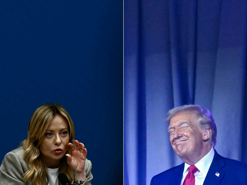 Photo by FILIPPO MONTEFORTE / AFP  This combination of file pictures created on April 14, 2026 shows Italy's Prime Minister, Giorgia Meloni speaking during the New Year press conference in Rome on January 9, 2026 (L) and US President Donald Trump reacting after the results of the draw for the 2026 FIFA Football World Cup taking place in the US, Canada and Mexico, at the Kennedy Center, in Washington, DC, on December 5, 2025 (R).