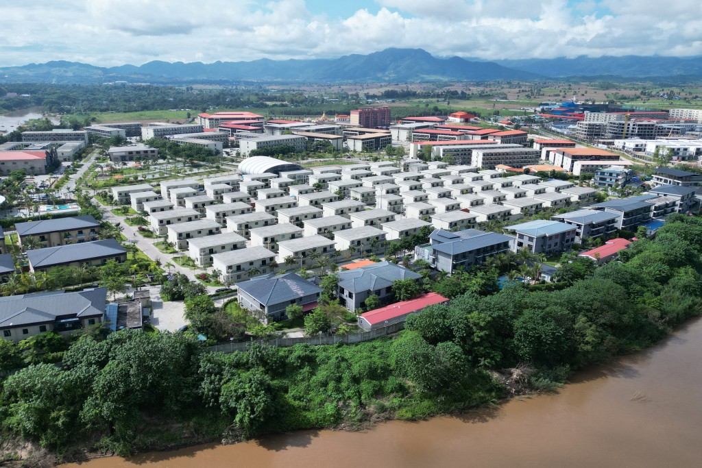 This aerial photo taken on September 17, 2025 shows the KK Park complex in Myanmar's eastern Myawaddy township, as pictured from Mae Sot district in Thailand's border province of Tak.  Photo by LILLIAN SUWANRUMPHA / AFP