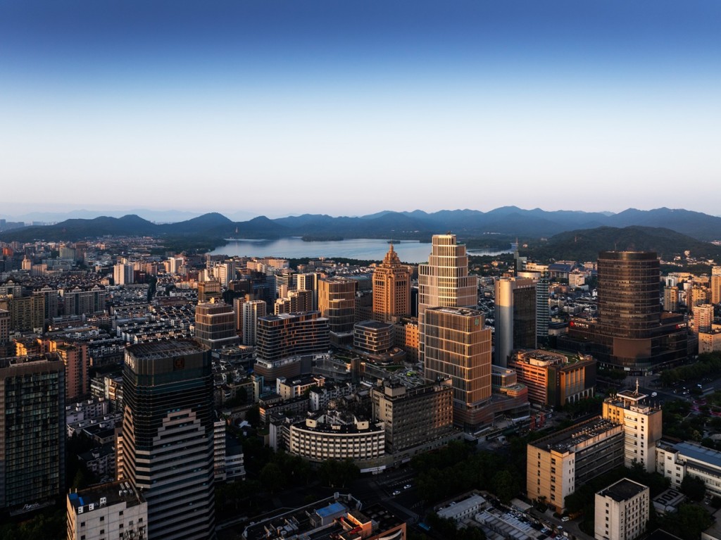 The skyline in Hangzhou, China, featuring the newly developed Westlake 66 complex.