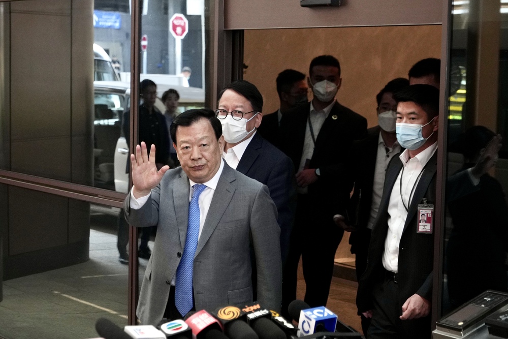 Xia Baolong (left) is welcomed by Chief Secretary Eric Chan (right) at the airport on April 13, 2023. File photo. Xia Baolong (left) is welcomed by Chief Secretary Eric Chan (right) at the airport on April 13, 2023. File photo.