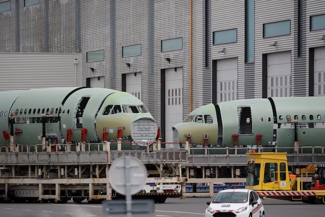 Fuselage sections of Airbus A320-family aircrafts are seen at the Airbus facility in Montoir-de-Bretagne near Saint-Nazaire, France, July 1, 2020. REUTERS/Stephane Mahe