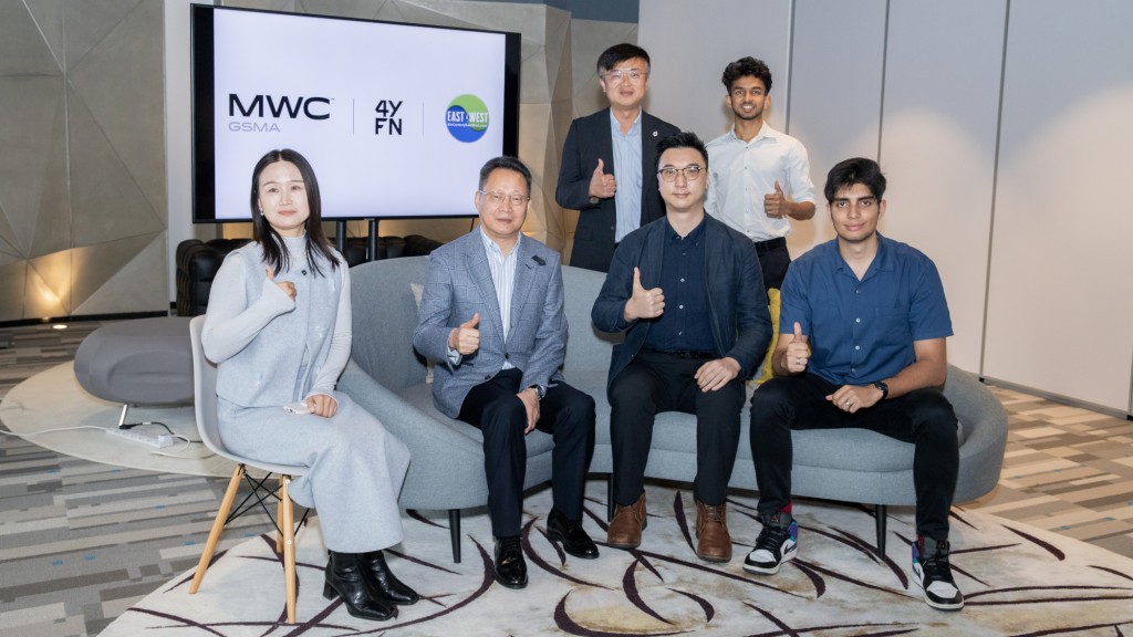 Front row, from left: Irina Yao of Shannon & Turing; Dr Xia Jin of Immuno Cure; Ken Koo of AilsynBio; and Kushaj Dwivedi of Cresento. Back row, from left: Derek Chim of HKSTP and Struan Gerard Dsouza of Cresento.