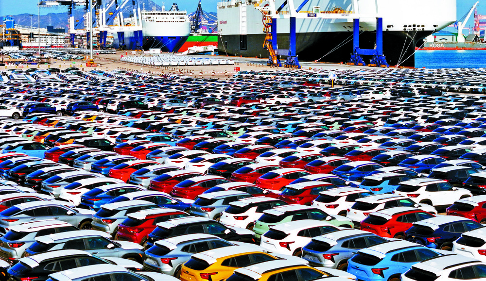 DRIVING AHEAD: Electric cars lined up at a port in China for export. 