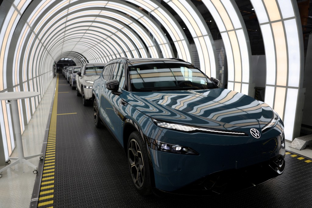 A Volkswagen ID. UNYX 08 electric vehicle (EV) sits on a production line at the Volkswagen Anhui factory in Hefei, Anhui province, China February 4, 2026. REUTERS