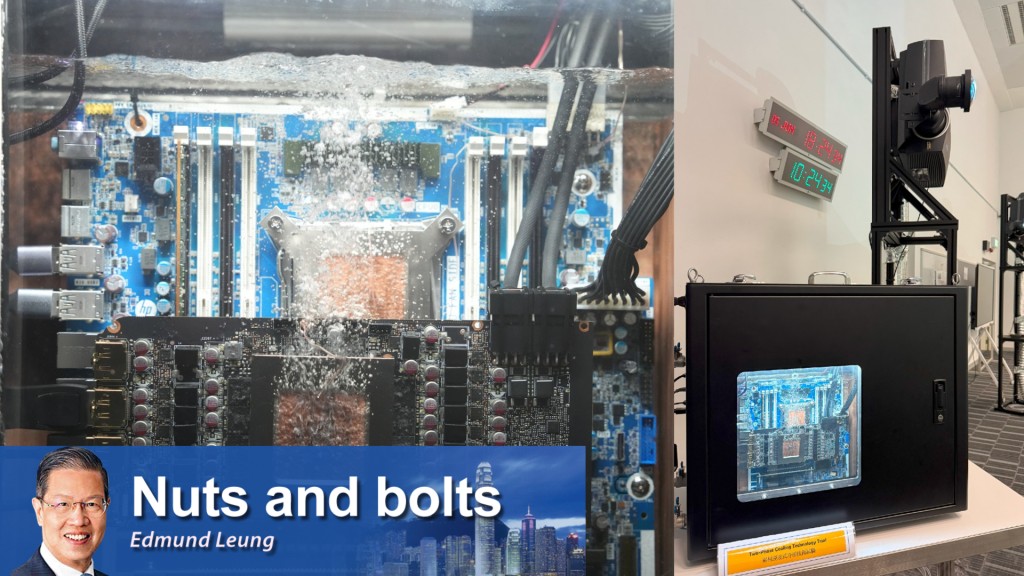 (Left) Bubbles forming as the cooling fluid boils at low temperature; (Right) Projector set up showing the cooling system