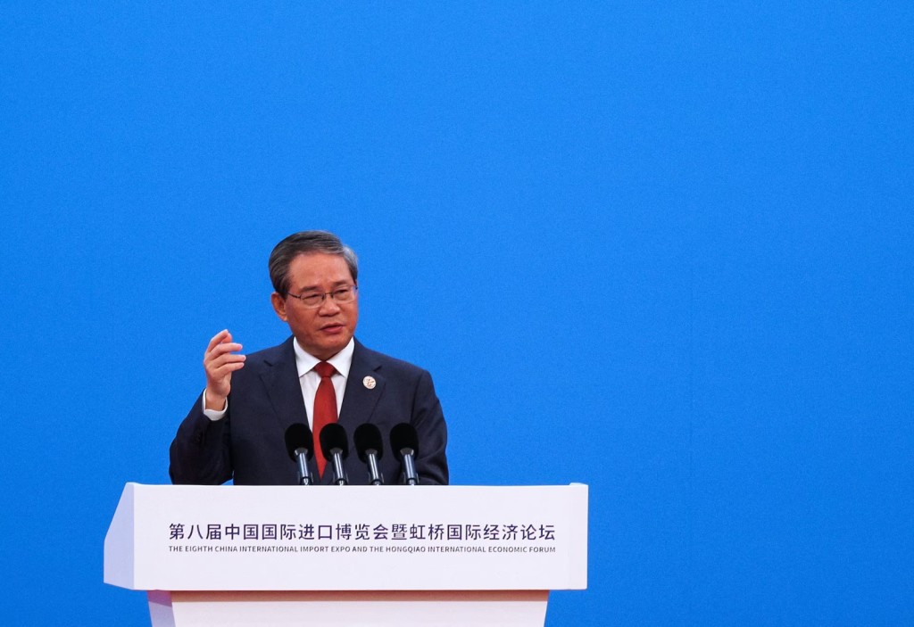 Chinese Premier Li Qiang speaks at the opening ceremony of the 8th China International Import Expo (CIIE) in Shanghai, China November 5, 2025. REUTERS