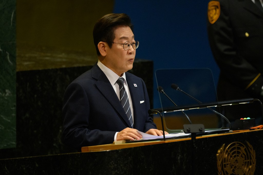President of the Republic of Korea Lee Jae Myung speaks at the 80th session of the UN’s General Assembly (UNGA) on September 23, 2025 in New York City.   (Photo by Alexi J. Rosenfeld / GETTY IMAGES NORTH AMERICA / Getty Images via AFP)