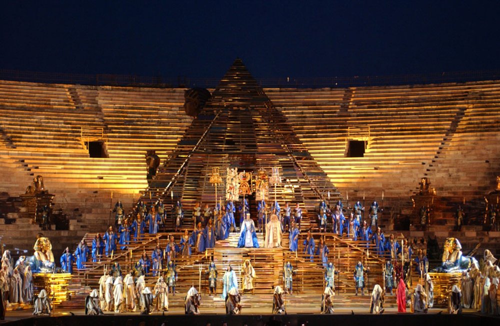 In this June 21, 2002 file photo, the opening performance of Giuseppe Verdi's Aida in the Verona Arena, northern Italy. Riccardo Muti will open the season on June 19 and 22, conducting a concert version of 'Aida' to mark the 150th anniversary of the Verdi title whose pageantry has made it a festival mainstay. In this June 21, 2002 file photo, the opening performance of Giuseppe Verdi's Aida in the Verona Arena, northern Italy. Riccardo Muti will open the season on June 19 and 22, conducting a concert version of 'Aida' to mark the 150th anniversary of the Verdi title whose pageantry has made it a festival mainstay.
