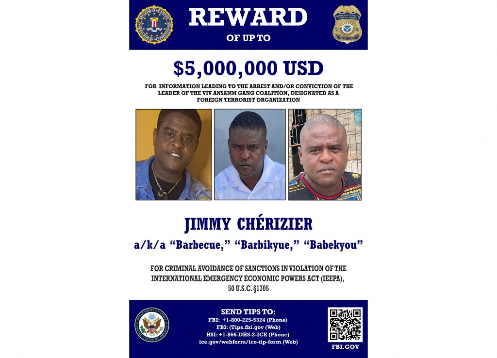 This handout image released by the Federal Bureau of Investigation (FBI) on August 12, 2025, shows a wanted poster for Haitian gang leader Jimmy "Barbecue" Cherizier. On August 12, the United States offered a $5 million reward for the arrest of Haitian gang leader Jimmy "Barbeque" Cherizier for allegedly violating US sanctions.