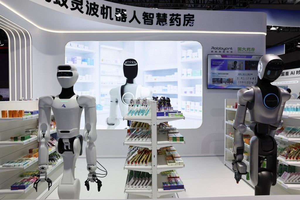 Humanoid robots are displayed at the Ant Group booth during the World Artificial Intelligence Conference (WAIC) in Shanghai, China, July 17, 2026. REUTERS