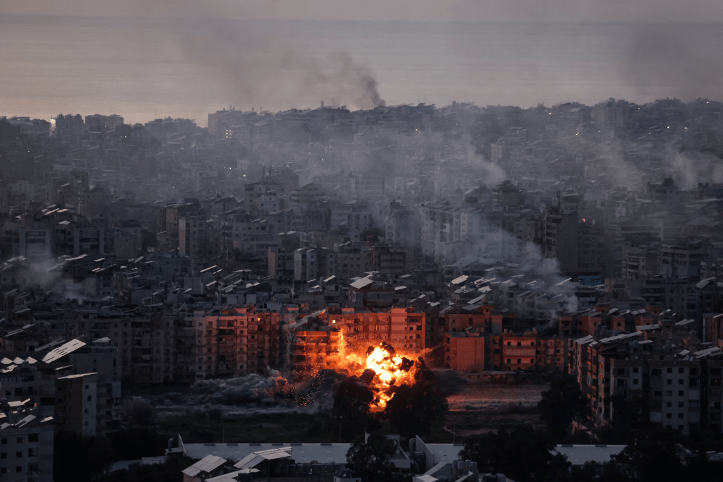 An explosion on Beirut's southern suburbs after an Israeli strike, following an escalation between Hezbollah and Israel amid the U.S.-Israeli conflict with Iran, Lebanon, March 6, 2026. REUTERS/Khalil Ashawi