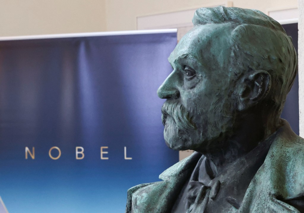 A bust of Alfred Nobel in the Nobel Forum in Stockholm, Sweden, October 5 (Reuters)