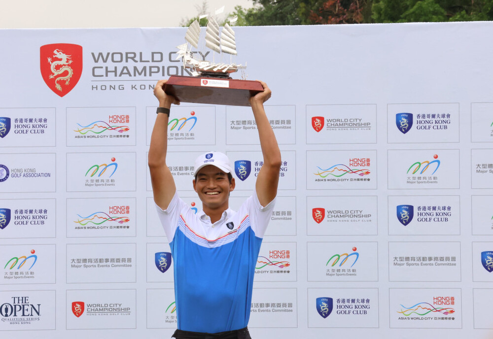 Taichi Kho pictured with the winner’s trophy on Sunday.