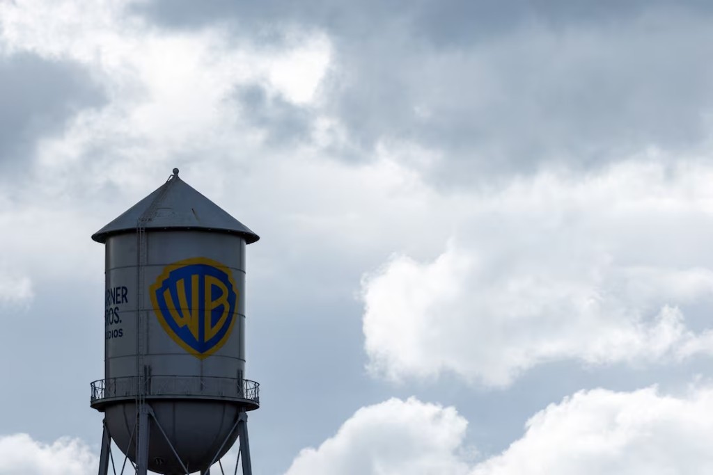 The Warner Bros. studios water tower stands under a stormy sky in Burbank, California, U.S. November 18, 2025. REUTERS/Mike Blake