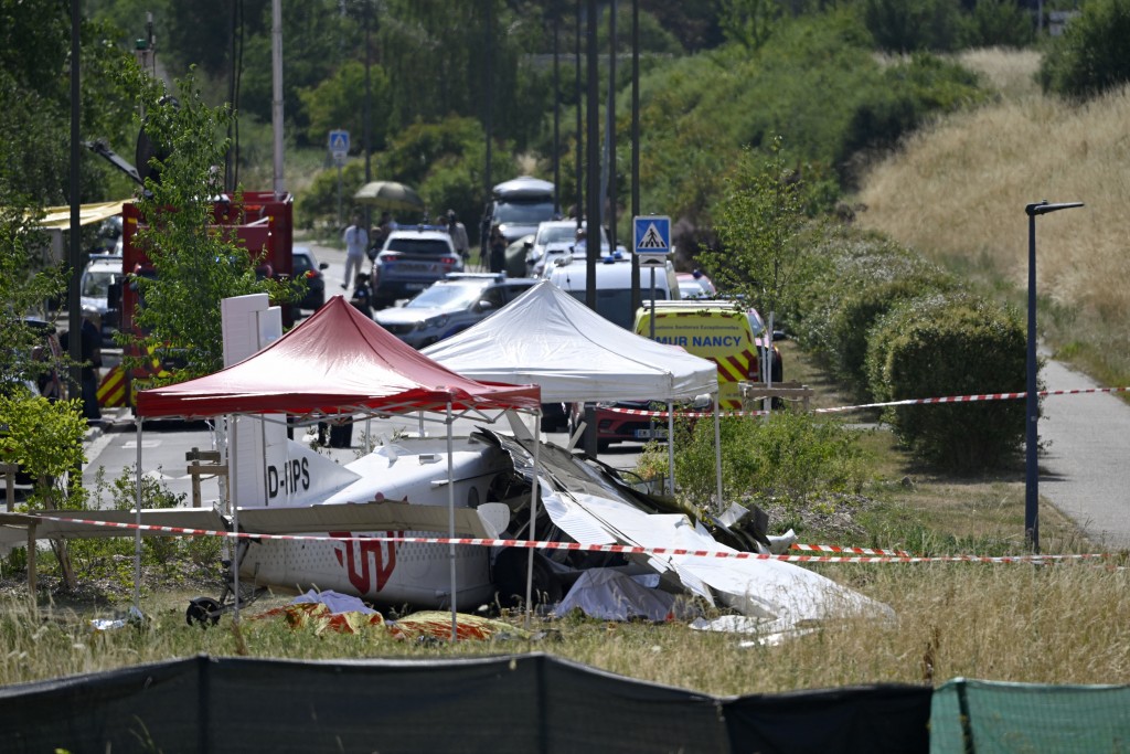 The wreckage of a Pilatus PC-6 light aircraft after it crashed at Tomblaine, on the outskirts of Nancy, eastern France on June 28, 2026. (AFP)