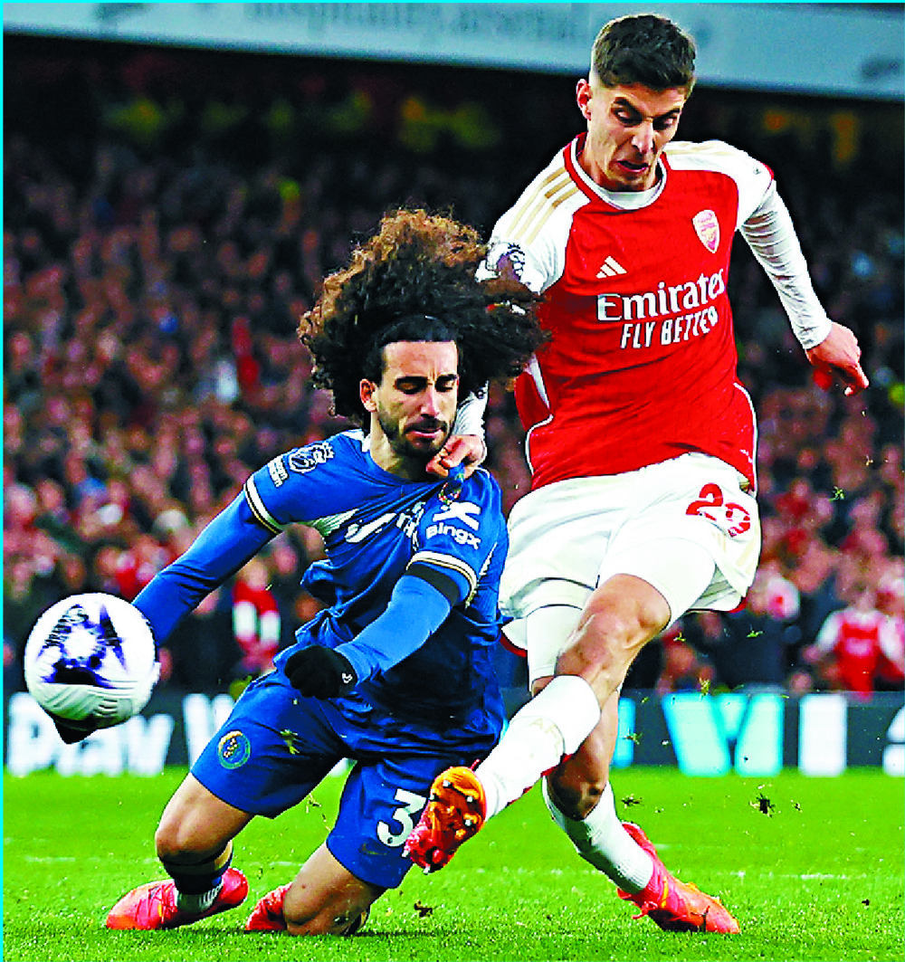 Kai Havertz fires past Chelsea defender Marc Cucurella to score Arsenal's third goal at the Emirates. REUTERS Kai Havertz fires past Chelsea defender Marc Cucurella to score Arsenal's third goal at the Emirates. REUTERS