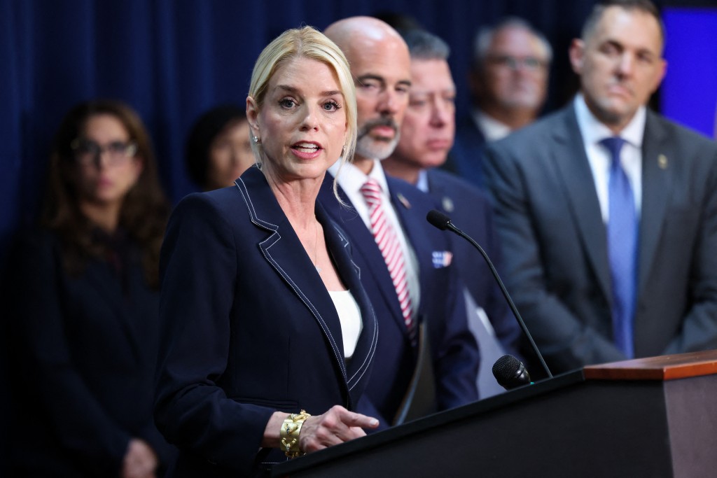 US Attorney General Pam Bondi speaks during a news conference to announce the guilty plea of Sinaloa Cartel co-founder Ismel "El Mayo" Zambada Garcia, in New York City on August 25, 2025. (Photo by CHARLY TRIBALLEAU / AFP)