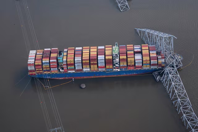 View of the Dali cargo vessel which crashed into the Francis Scott Key Bridge causing it to collapse in Baltimore, Maryland, U.S., April 4, 2024. REUTERS/Nathan Howard 