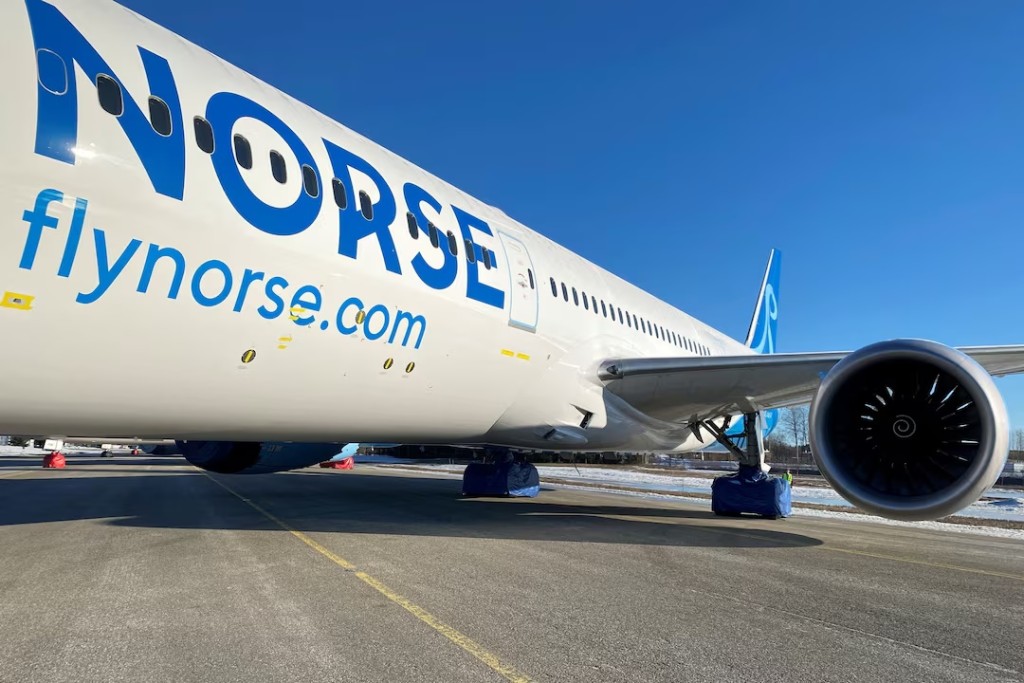 General view of a Norse Atlantic Boeing 787 Dreamliner aircraft parked at Oslo (Gardermoen) Airport, Norway March 4, 2022. REUTERS/Victoria Klesty/File Photo 