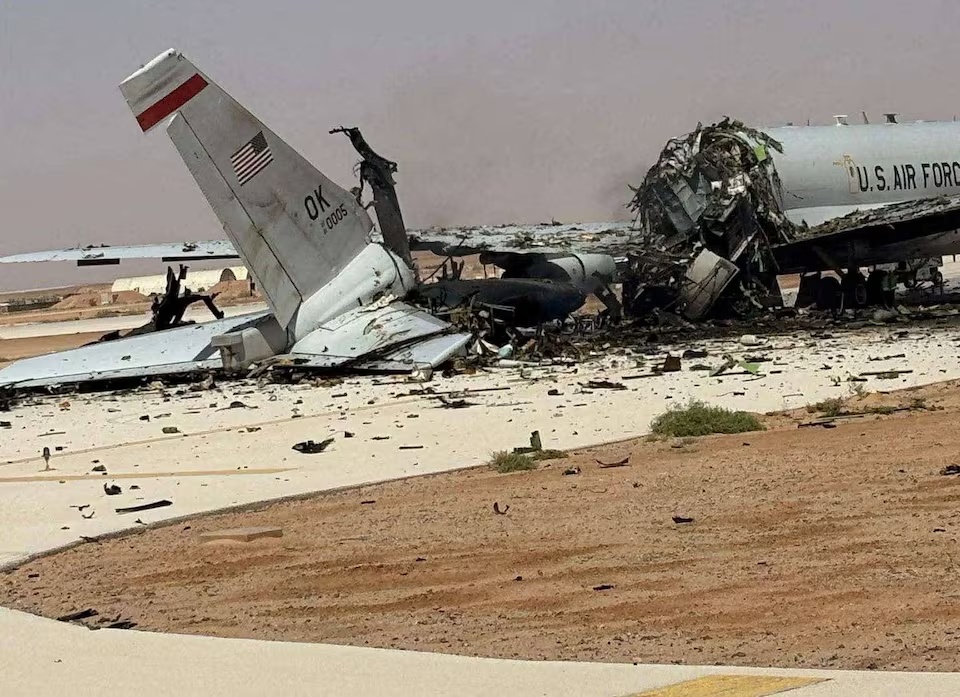 A damaged U.S. Boeing E-3 Sentry airborne warning and control aircraft following an Iranian strike on the airbase, amid the U.S.-Israeli conflict with Iran, at Prince Sultan Air Base in Saudi Arabia in this picture obtained from social media released on March 29, 2026. SOCIAL MEDIA/via REUTERS