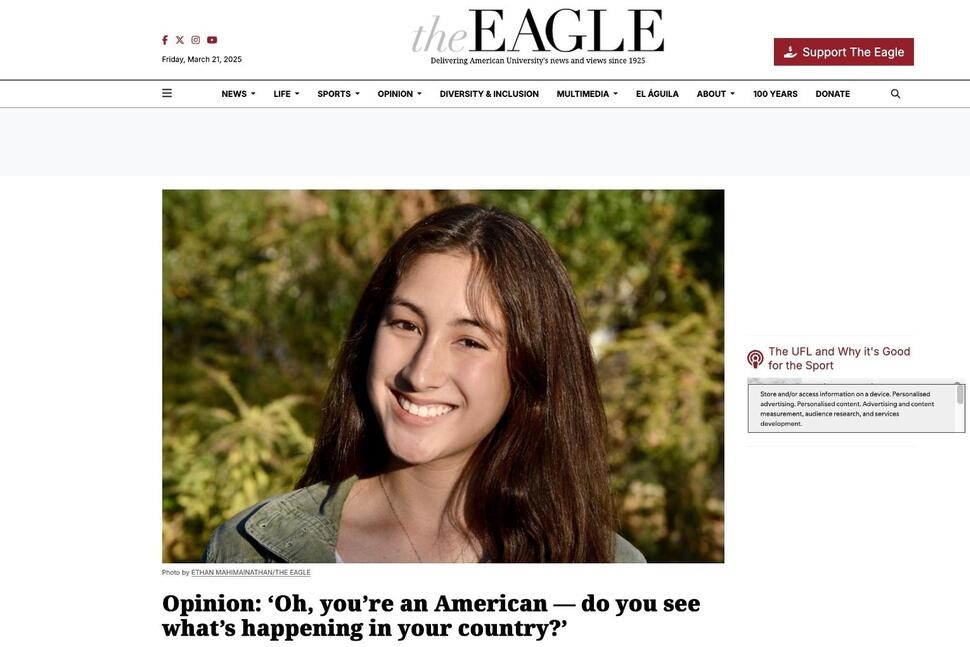A screenshot of the publication 'The Eagle' featuring an opinion piece by student Mari Santos, a political science student studying abroad for the semester in Scotland at the University of Glasgow. (Ethan Mahimainathan, The Eagle via AP) A screenshot of the publication 'The Eagle' featuring an opinion piece by student Mari Santos, a political science student studying abroad for the semester in Scotland at the University of Glasgow. (Ethan Mahimainathan, The Eagle via AP)