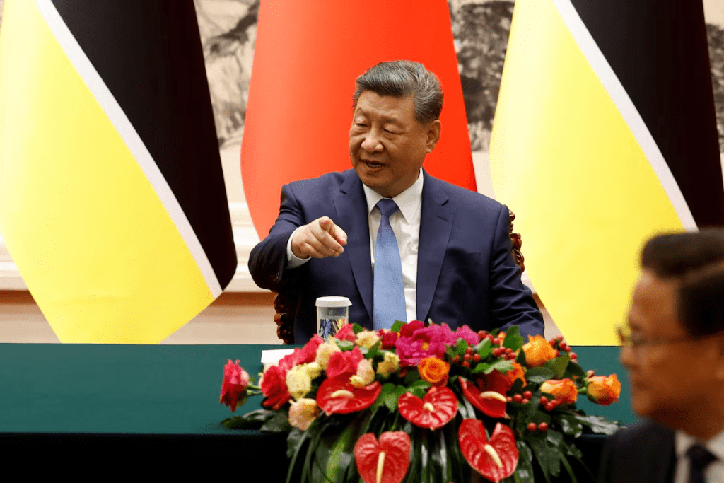 China's President Xi Jinping attends a signing ceremony with Mozambique's President Daniel Chapo (not pictured) at the Great Hall of the People in Beijing, China April 21, 2026. Haruna Furuhashi/Pool via REUTERS