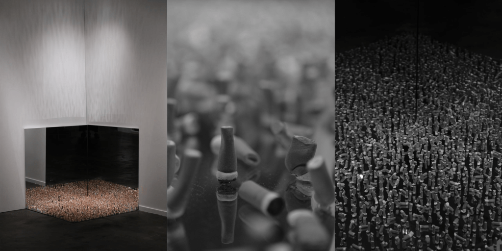 Unburned - a sculptural installation composed of one thousand hand-formed porcelain cigarette butts. By Kavieng Cheng and Chan Ka-po.