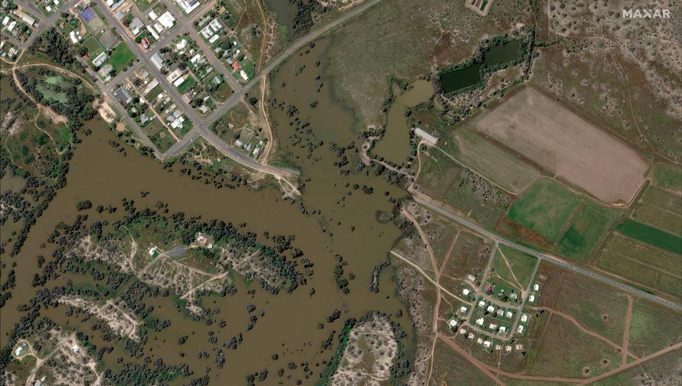 A satellite image shows a flooded road in Brewarrina, Australia. (Reuters) A satellite image shows a flooded road in Brewarrina, Australia. (Reuters)