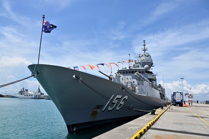 Royal Australian Navy vessel, HMAS Toowoomba, is docked at the Changi Naval Base in Singapore, May 4, 2023. (Reuters)