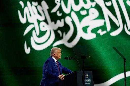 President Donald Trump speaks at the Saudi-U.S. Investment Forum at the King Abdulaziz International Conference Center in Riyadh, Saudi Arabia, Tuesday, May 13, 2025. (AP Photo/Alex Brandon)[ASSOCIATED PRESS/Alex Brandon]