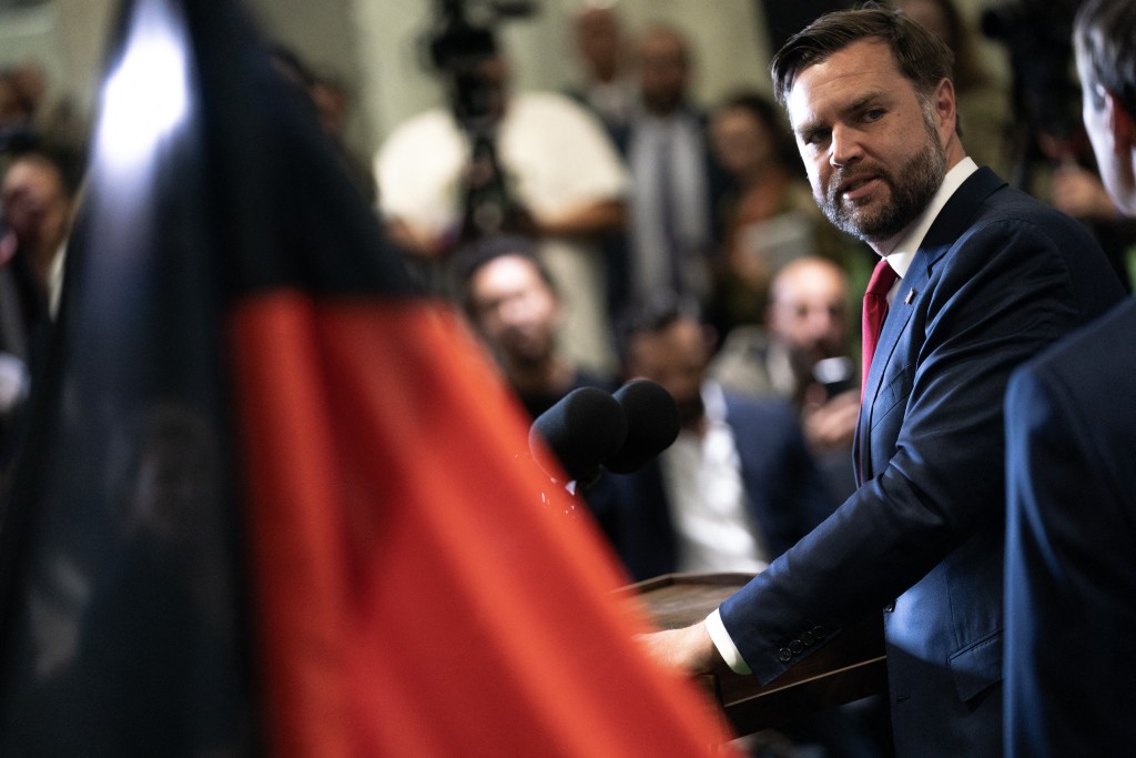 Photo by NATHAN HOWARD / POOL / AFP.  US Vice President JD Vance speaks during a press conference following a military briefing at the Civilian Military Coordination Center in southern Israel on October 21, 2025.