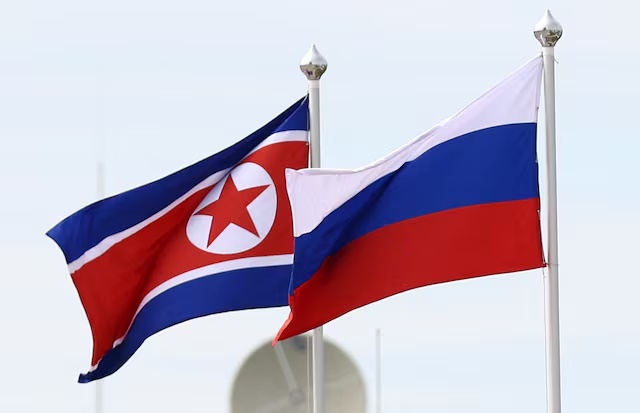 Russian and North Korean flags fly at the Vostochny Сosmodrome, the venue of the meeting between Russia's President Vladimir Putin and North Korea's leader Kim Jong Un, in the far eastern Amur region, Russia, September 13, 2023. Sputnik/Artem Geodakyan/Pool via REUTERS