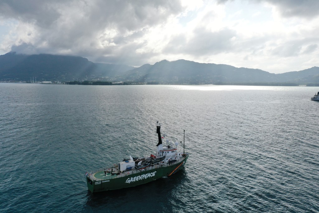Aerial view shows Greenpeace's Arctic Sunrise ship departing for its first expedition from the Port of Victoria on Mahe Island, Seychelles March 2, 2021. Picture taken with a drone. REUTERS/Christophe Van Der Perre
