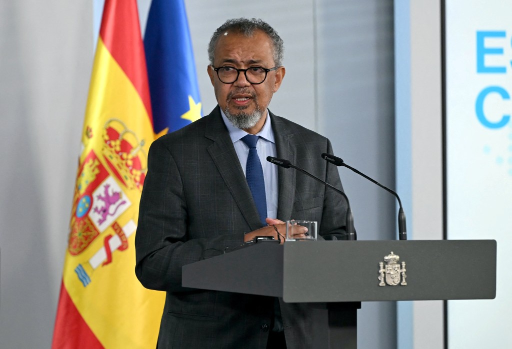 Photo by JAVIER SORIANO / AFP  World Health Organization (WHO) Director-General Tedros Adhanom Ghebreyesus speaks during a press conference at the Moncloa Palace in Madrid on May 12, 2026.
