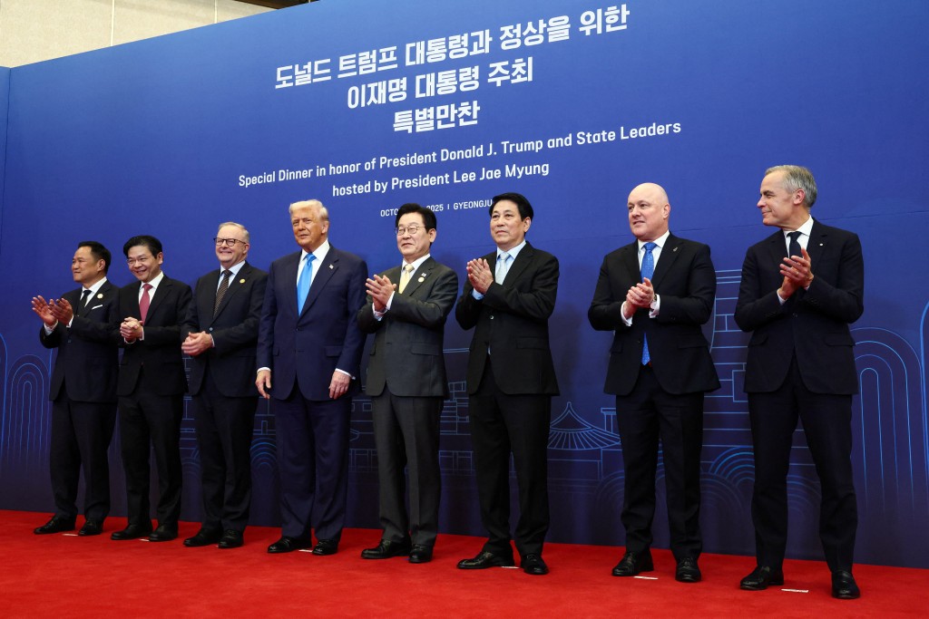 U.S. President Donald Trump, Canadian Prime Minister Mark Carney, Australian Prime Minister Anthony Albanese, South Korean President Lee Jae Myung, Thailand Prime Minister Anutin Charnvirakul, New Zealand's Prime Minister Christopher Luxon pose for a family photo, on the day of an Asia-Pacific Economic Cooperation (APEC) leaders' dinner hosted by South Korean President Lee Jae Myung in Gyeongju, South Korea, October 29, 2025. (Reuters)