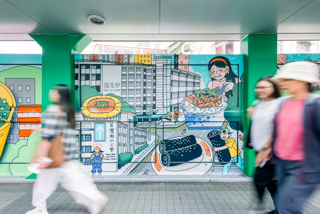 Illustrator Pearl Law transforms familiar street scenes into gentle, evocative images on the footbridge.