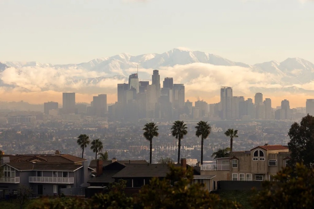 The San Gabriel Mountains behind the city of Los Angeles, from Kenneth Hahn Park on Feb. 26, 2023. Photo by Mike Blake, Reuters