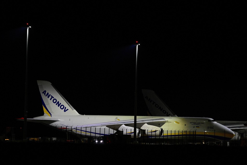 Photo by JOHN MACDOUGALL / AFP An Ukrainian "Antonov" cargo plane is pictured on August 5, 2026 at the German airport Leipzig-Halle in Schkeuditz, eastern Germany, after an explosives-laden drone was found there the night before.