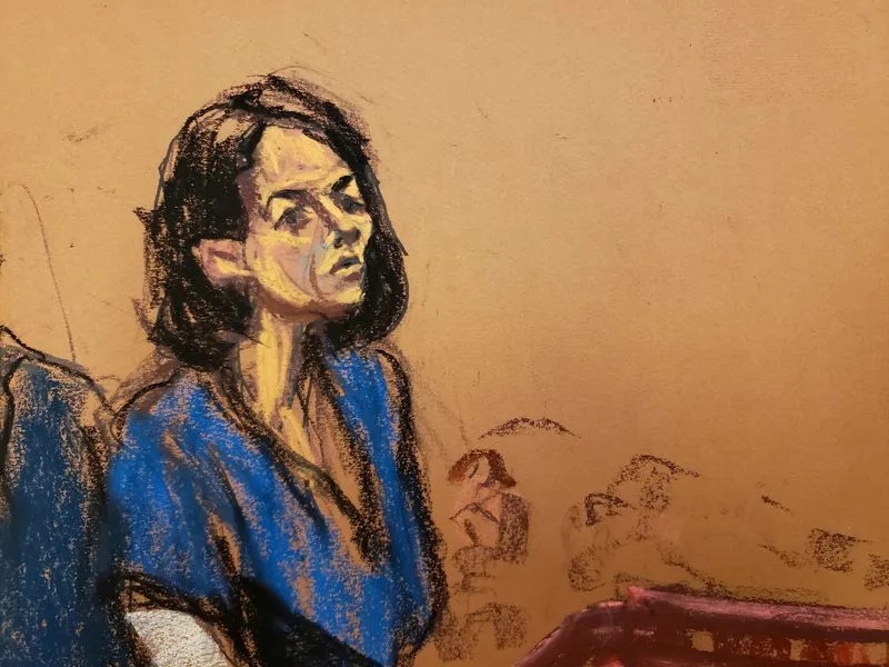 Jeffrey Epstein associate Ghislaine Maxwell stands at the podium to address Judge Alison Nathan during her sentencing in a courtroom sketch in New York City, U.S. June 28, 2022. REUTERS/Jane Rosenberg/File Photo