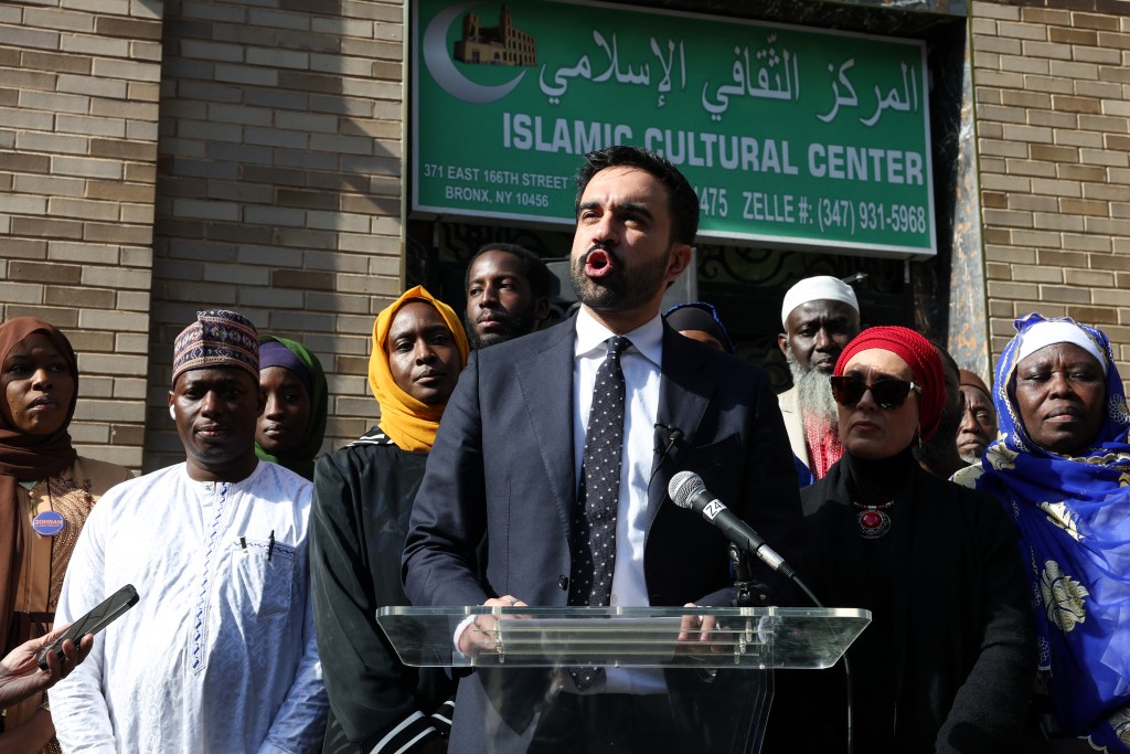 Photo by TIMOTHY A.CLARY / AFP. New York City mayoral candidate Zohran Mamdani speaks about Islamophobia outside of the Islamic Cultural Center of the Bronx in New York City on October 24, 2025,