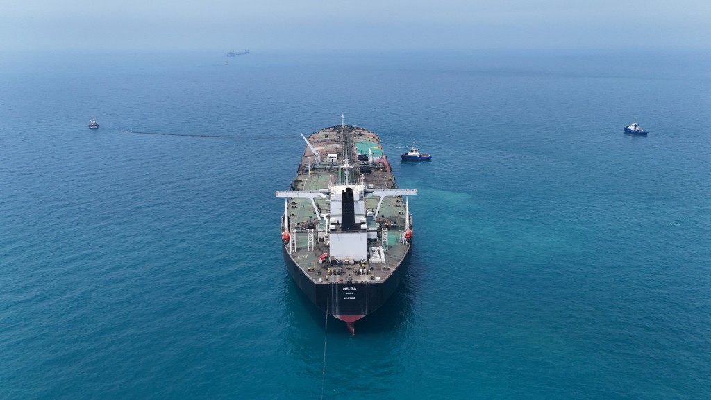 Drone view of oil tanker HELGA berthed at one of Iraq's southern offshore oil terminals near Basra as it prepares to load crude oil, becoming the second vessel to arrive since the closure of the Strait of Hormuz, April 24, 2026. REUTERS