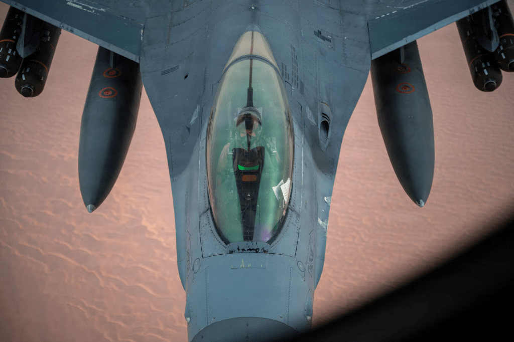 A U.S. Air Force F-16 Fighting Falcon aircraft refuels from a KC-135 Stratotanker aircraft during a mission supporting Operation Epic Fury during the Iran war at an undisclosed location, April 2, 2026. U.S. Air Force/Handout via REUTERS 