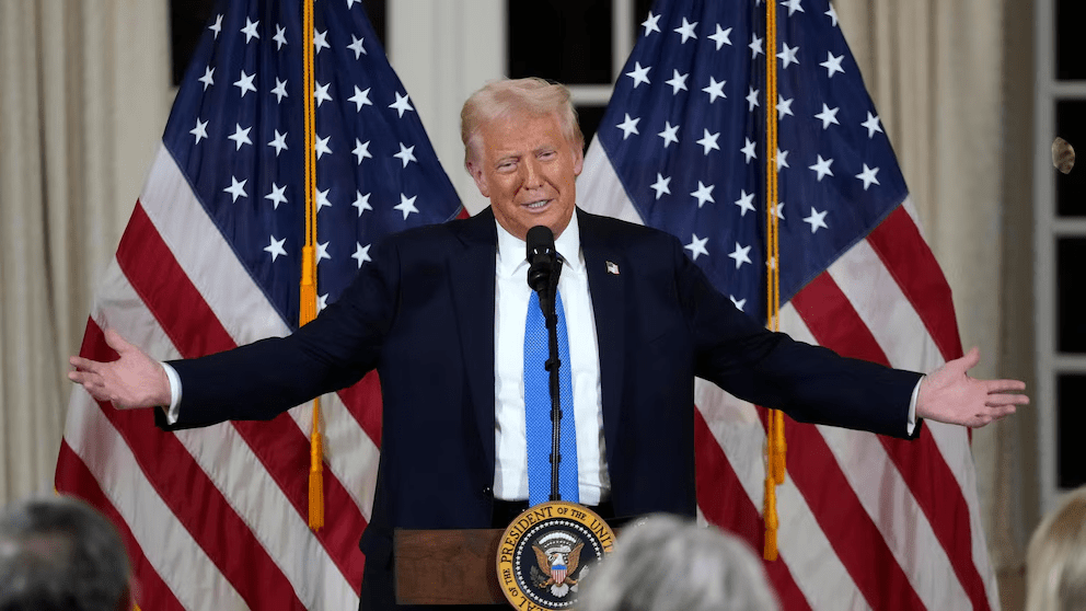President Donald Trump speaks at a dinner with Senate Republicans at Mar-a-Lago in Palm Beach, Fla., Friday, Feb. 7, 2025. (AP Photo/Ben Curtis) President Donald Trump speaks at a dinner with Senate Republicans at Mar-a-Lago in Palm Beach, Fla., Friday, Feb. 7, 2025. (AP Photo/Ben Curtis)
