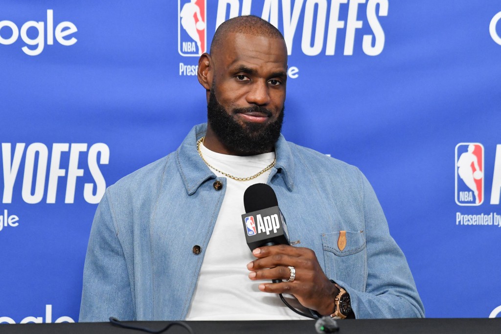 LeBron James #23 of the Los Angeles Lakers speaks to the media during a press conference after Game Four of the Second Round of the NBA Western Conference Playoffs against the Oklahoma City Thunder at Crypto.com Arena on May 11, 2026 in Los Angeles, California. Allen Berezovsky/Getty Images/AFP