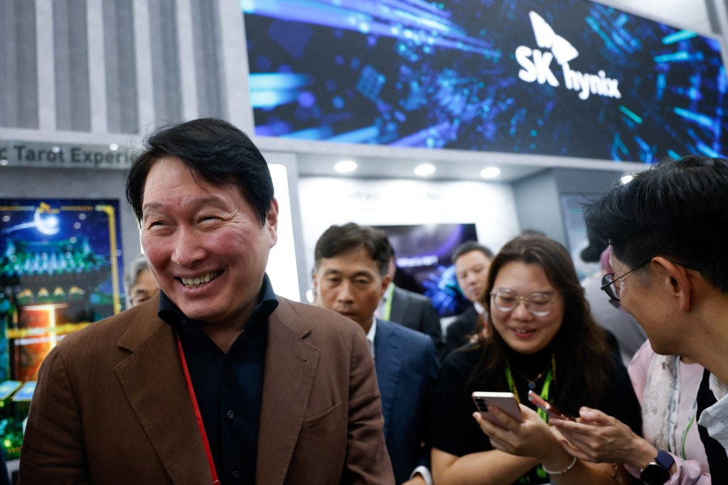 SK Group Chairman Chey Tae-won answers questions from members of the media at the SK Hynix booth during the annual Computex exhibition in Taipei, Taiwan, June 2, 2026. REUTERS