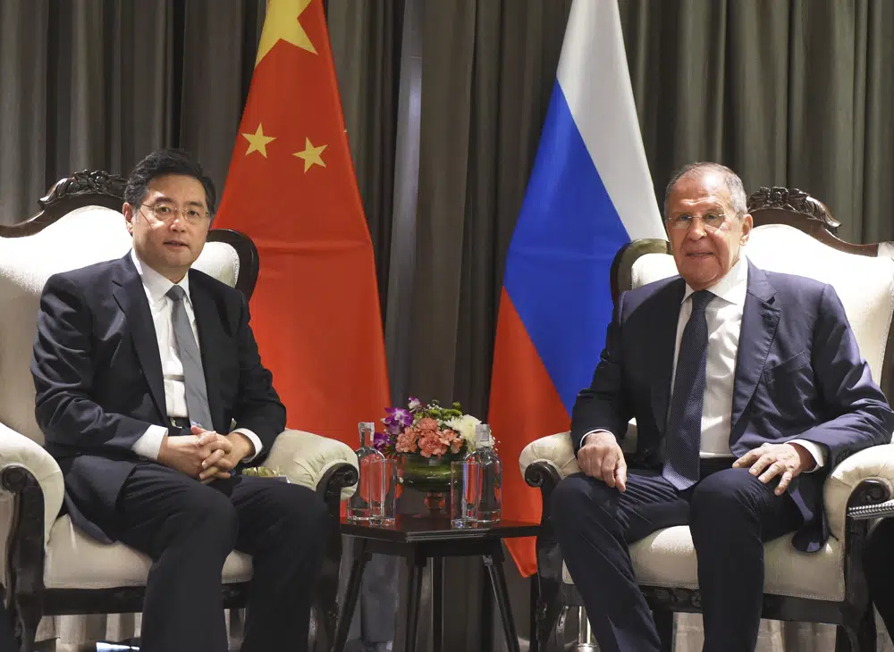 Chinese Foreign Minister Qin Gang, left, and Russian Foreign Minister Sergei Lavrov meet on the sidelines of the Shanghai Cooperation Organization (SCO) foreign ministers' meeting in Goa, India, Thursday, May 4, 2023. (AP) Chinese Foreign Minister Qin Gang, left, and Russian Foreign Minister Sergei Lavrov meet on the sidelines of the Shanghai Cooperation Organization (SCO) foreign ministers' meeting in Goa, India, Thursday, May 4, 2023. (AP)