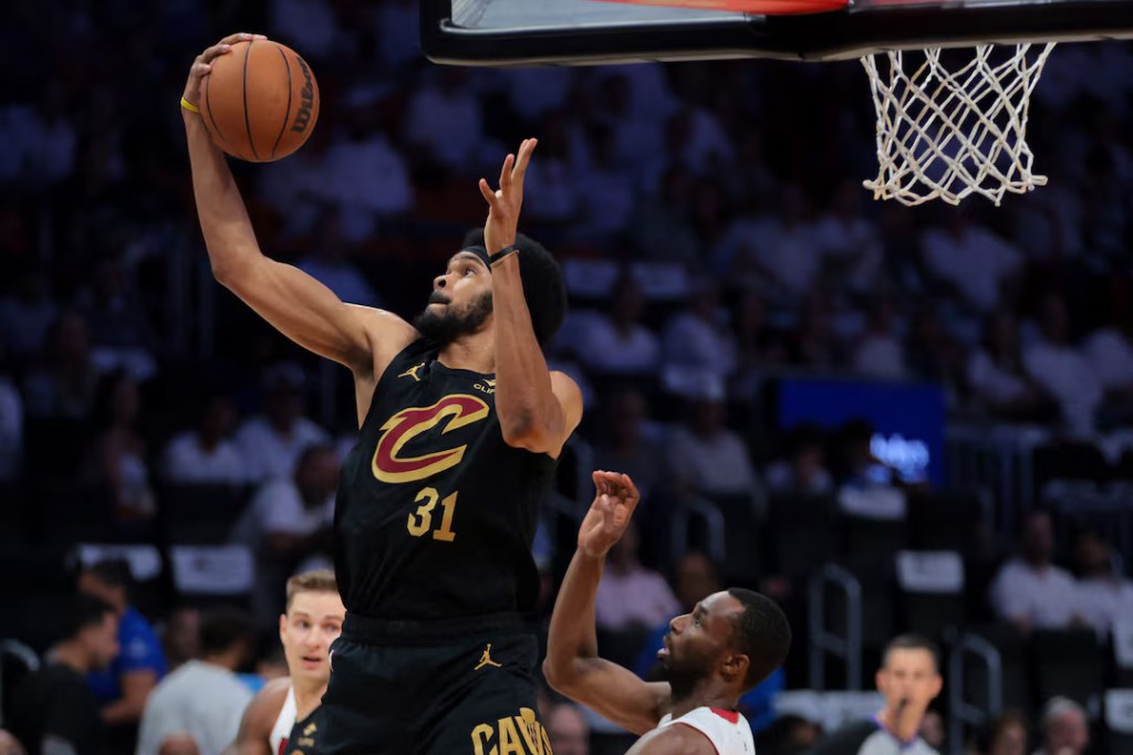 Apr 28, 2025; Miami, Florida, USA; Cleveland Cavaliers center Jarrett Allen (31) collects a rebound against the Miami Heat in the first quarter during game four for the first round of the 2025 NBA Playoffs at Kaseya Center. Mandatory Credit: Sam Navarro-Imagn Images