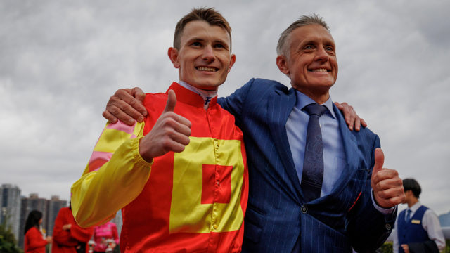 Luke Ferraris celebrates another My Wish win with the horse's trainer Mark Newnham, who has been his biggest supporter. The young rider is striving to qualify for the IJC and wants a broader support base from the big stables HKJC