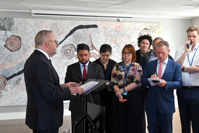 Australia's Prime Minister Anthony Albanese at a press conference during the United Nations General Assembly, revealing that an AI agent developed by OpenAI infiltrated an Australian government website in June, in New York, US, September 23, 2026. AAP/Mick Tsikas via REUTERS